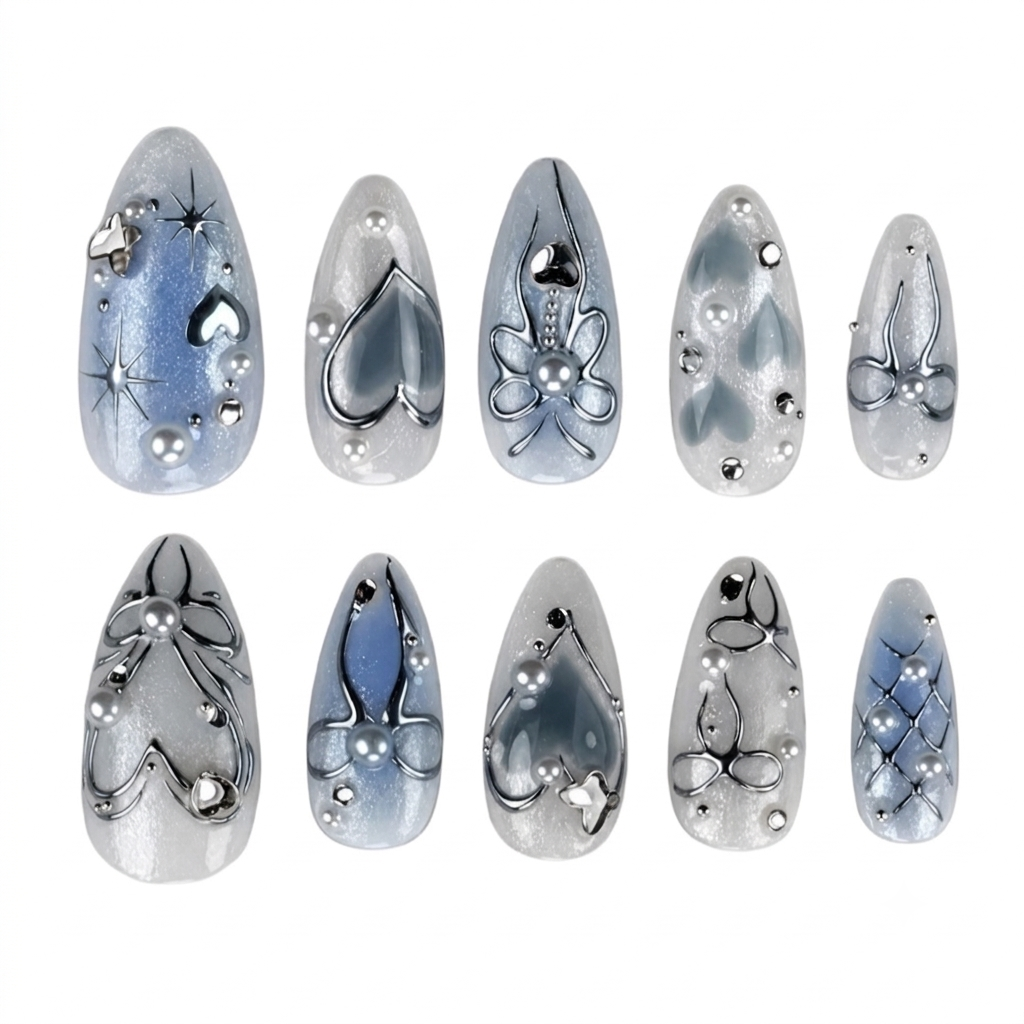 Uñas Press On "Blue Pearl" Ribbon Azul Pastel 3D