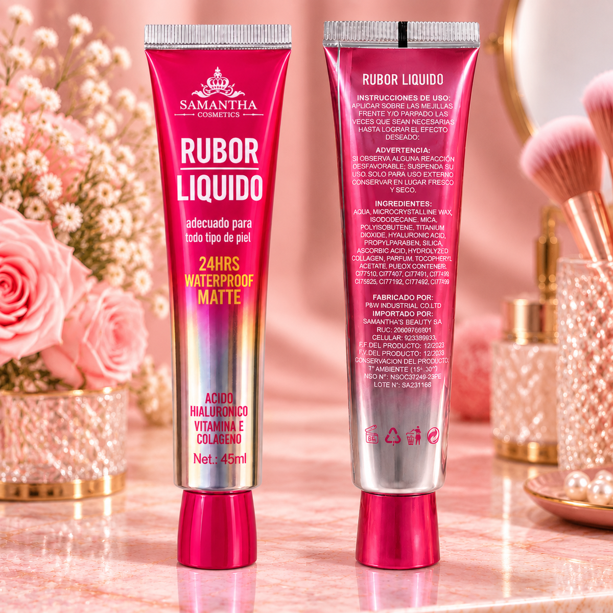 Rubor Líquido Adaptable al pH Mate Waterproof 24H con Ácido Hialurónico, Vitamina E y Colágeno 45ml Samantha Cosmetics