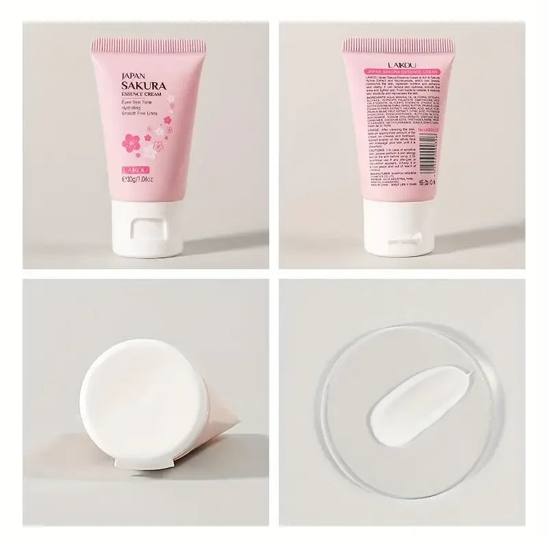 Crema facial japonesa Sakura en tubo rosa, foto de producto y textura de crema.