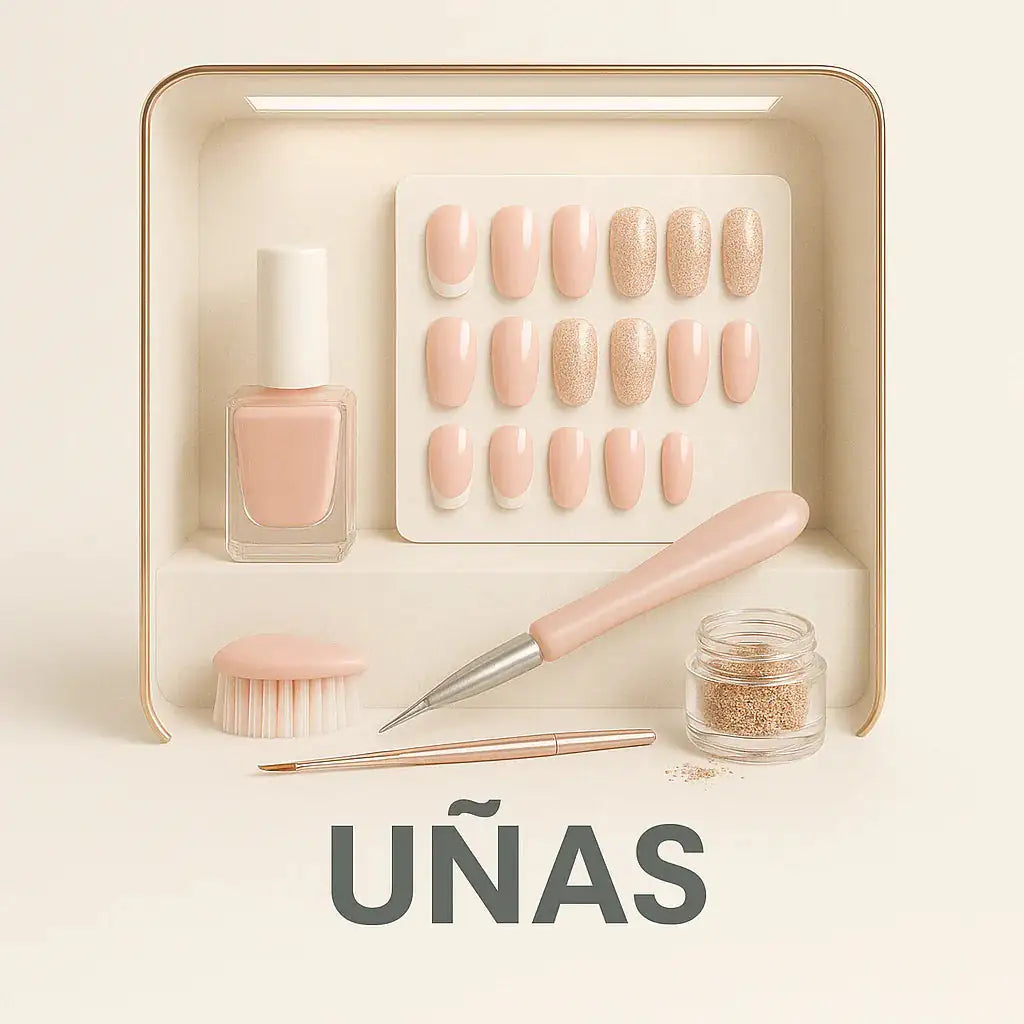 Kit de uñas postizas nude, esmalte, pinceles y brillantina para manicura
