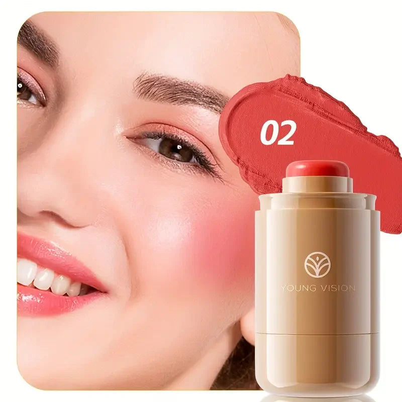 Mujer usando rubor en barra color coral, maquillaje coreano tono 02 Young Vision