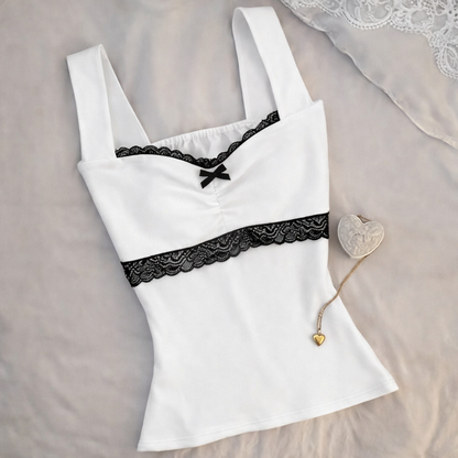 Top Corset Coquette Lace Doll - Encaje y Lazo Blanco y Negro