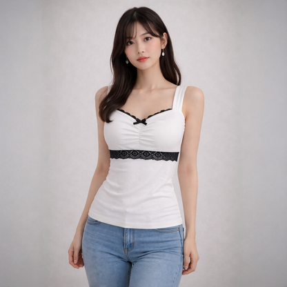 Top Corset Coquette Lace Doll - Encaje y Lazo Blanco y Negro