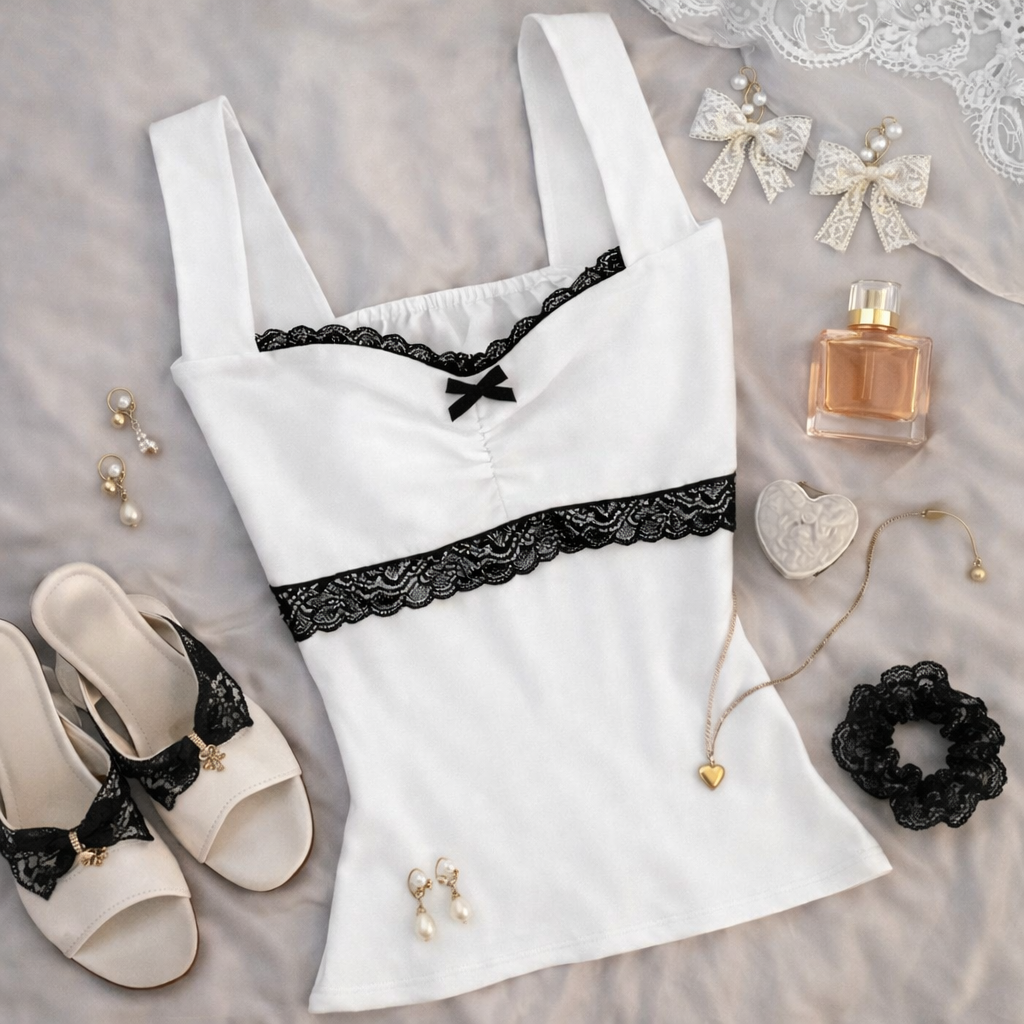Top Corset Coquette Lace Doll - Encaje y Lazo Blanco y Negro