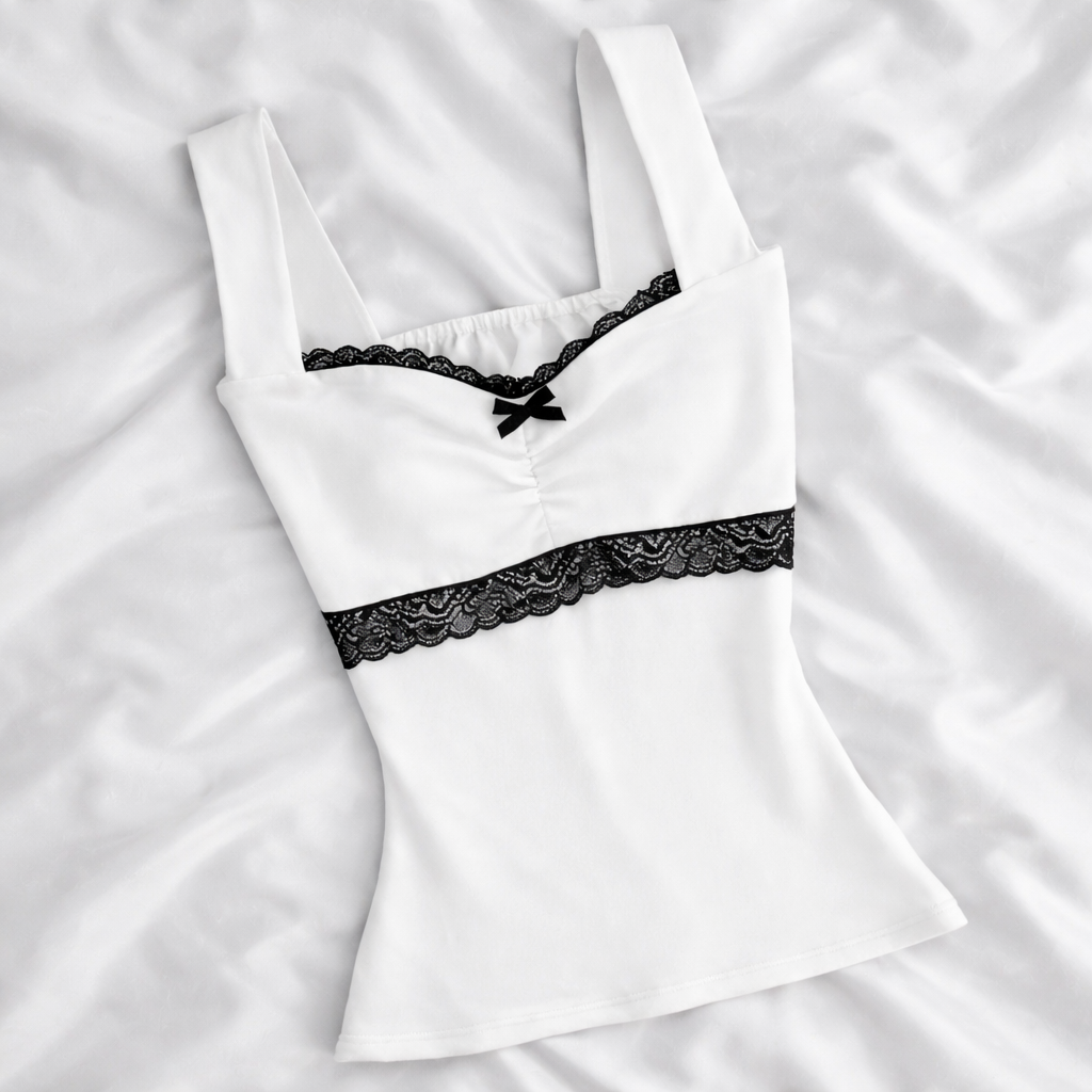 Top Corset Coquette Lace Doll - Encaje y Lazo Blanco y Negro