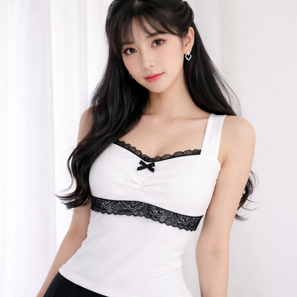 Top Corset Coquette Lace Doll - Encaje y Lazo Blanco y Negro