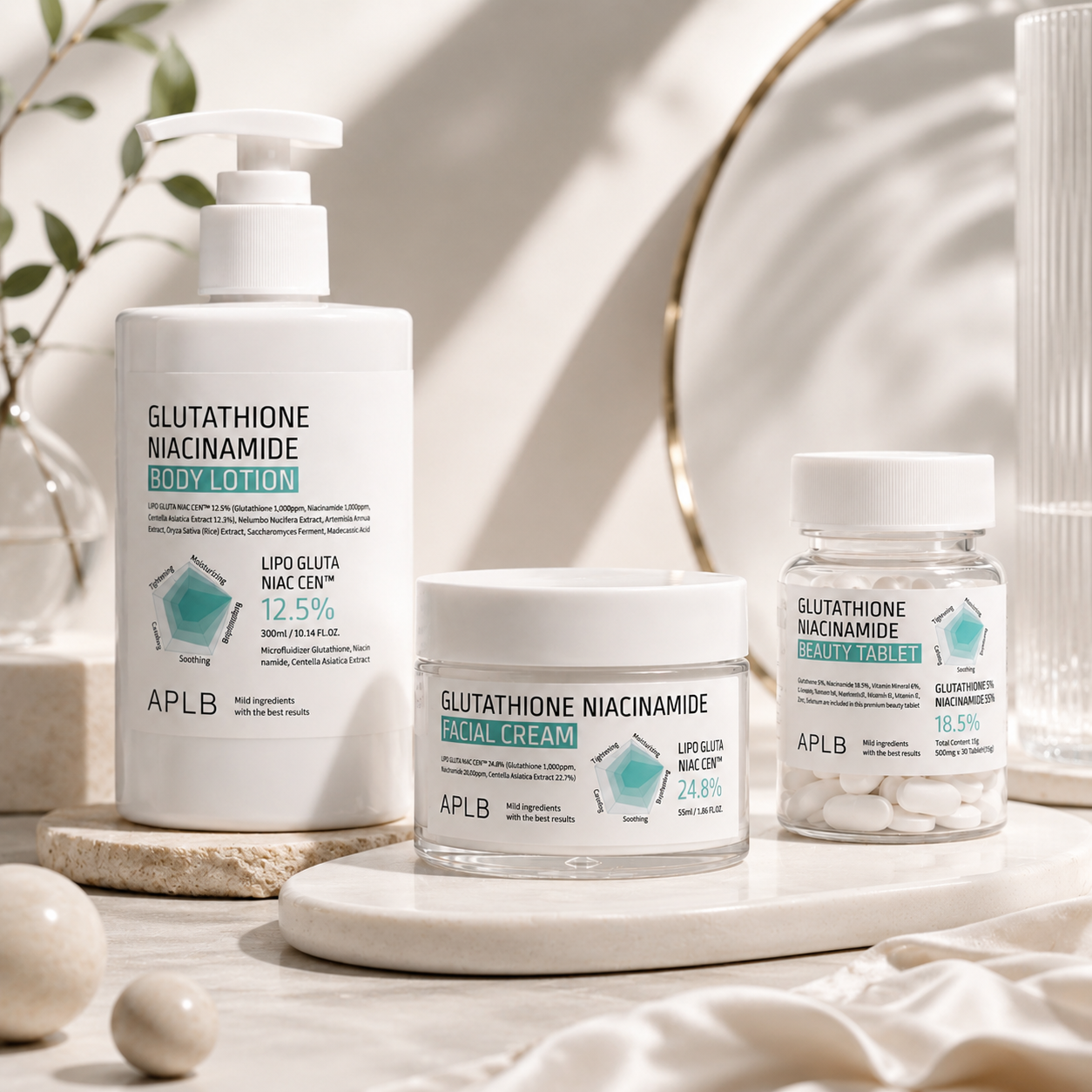 Set Iluminador Glutatión y Niacinamida Crema Facial Locion Corporal y Tabletas APLB