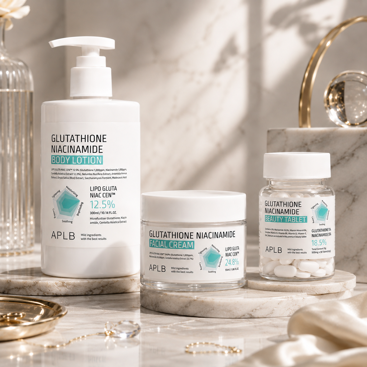 Set Iluminador Glutatión y Niacinamida Crema Facial Locion Corporal y Tabletas APLB