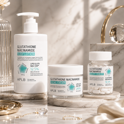 Set Iluminador Glutatión y Niacinamida Crema Facial Locion Corporal y Tabletas APLB