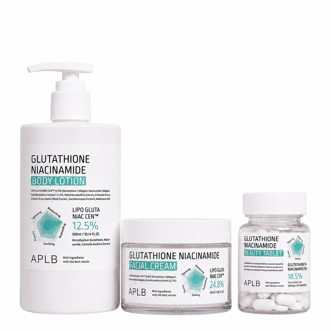 Set Iluminador Glutatión y Niacinamida Crema Facial Locion Corporal y Tabletas APLB
