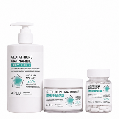 Set Iluminador Glutatión y Niacinamida Crema Facial Locion Corporal y Tabletas APLB