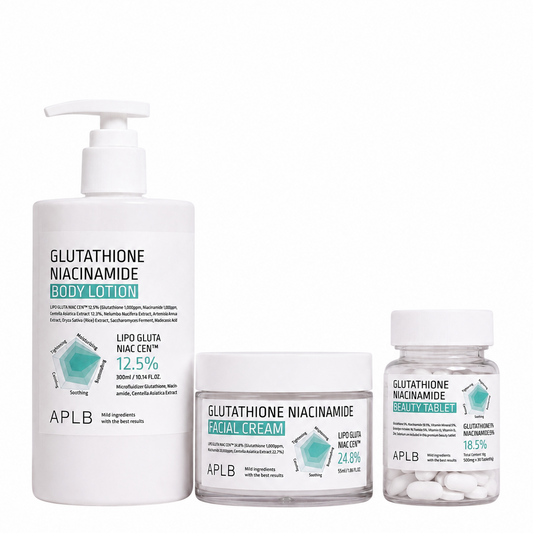 Set Iluminador Glutatión y Niacinamida Crema Facial Locion Corporal y Tabletas APLB