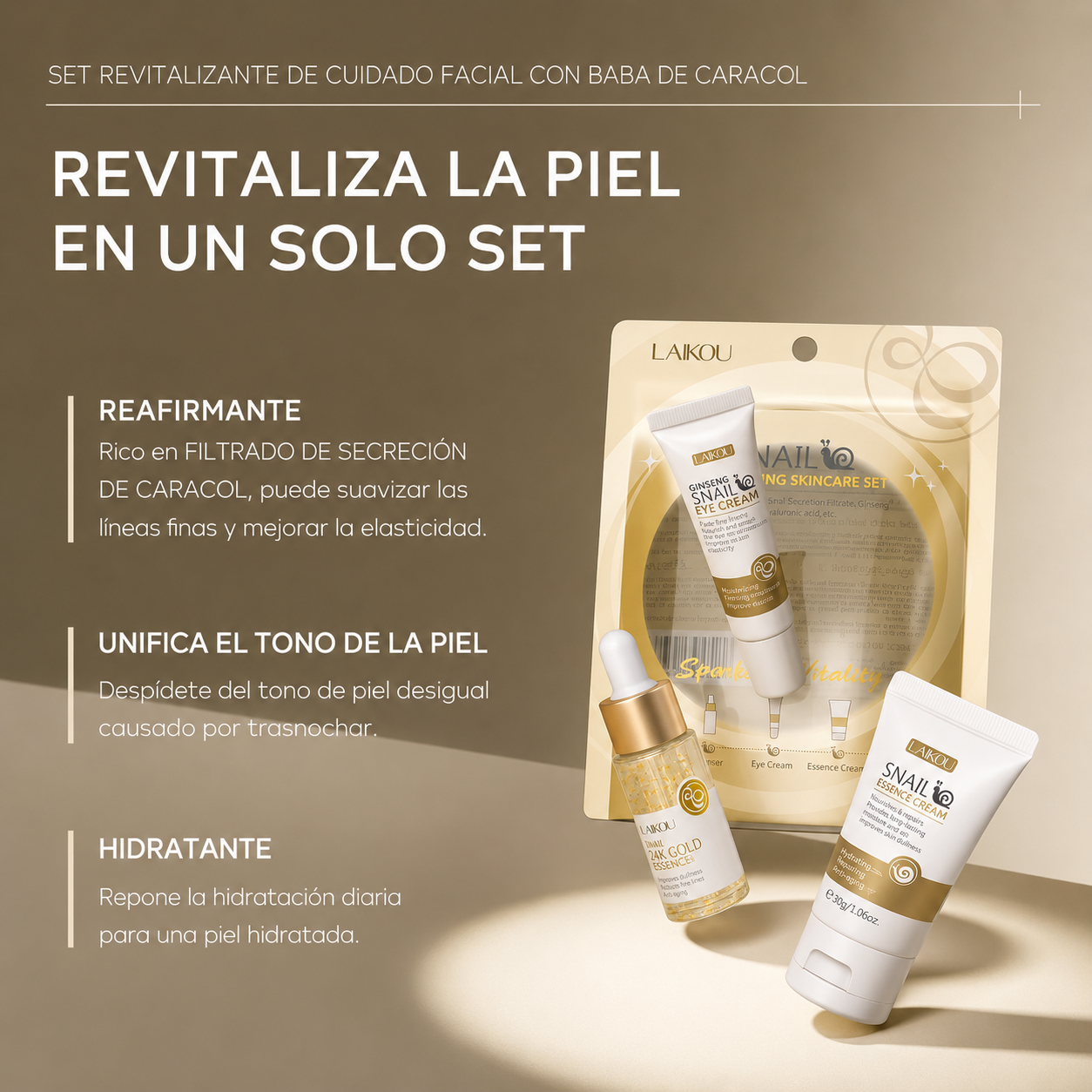 Set de Skincare Revitalizante con Baba de Caracol y Oro 24K Laikou