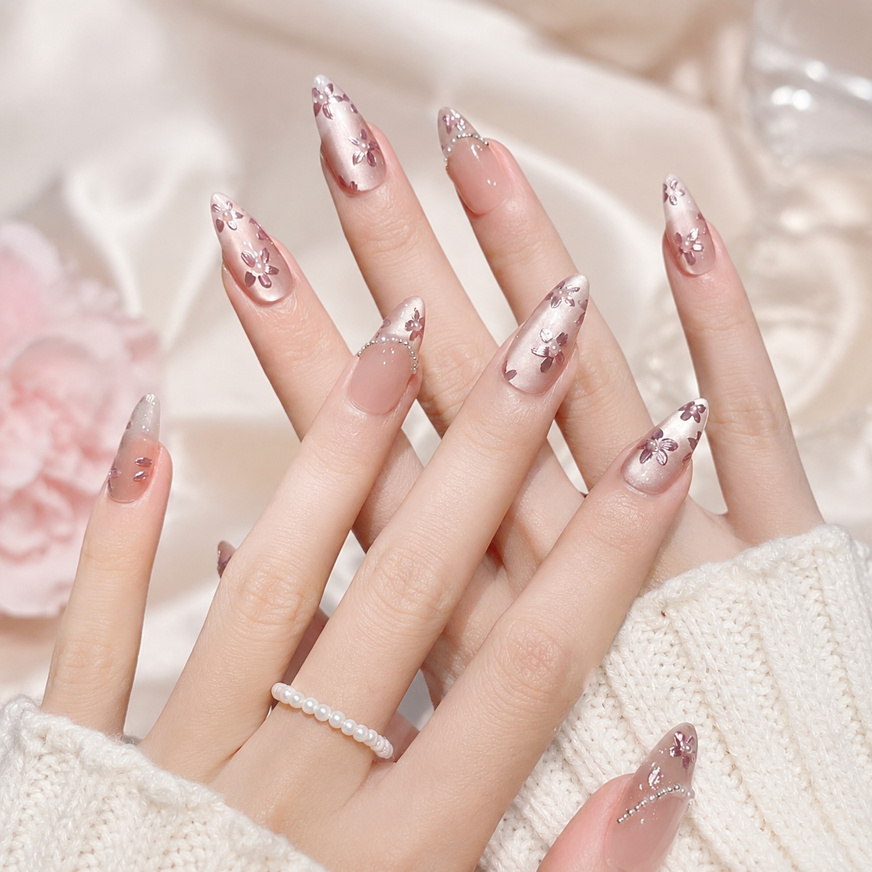 Uñas Press On "Sakura Pearl" Flores 3D Ojo de Gato
