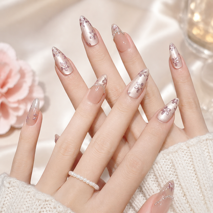 Uñas Press On "Sakura Pearl" Flores 3D Ojo de Gato