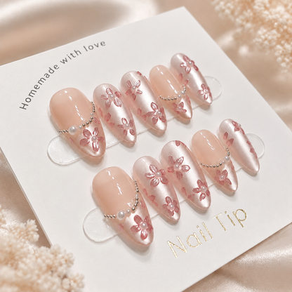 Uñas Press On "Sakura Pearl" Flores 3D Ojo de Gato