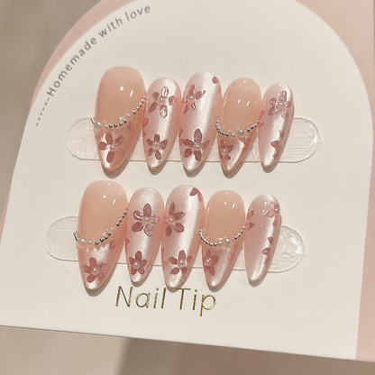 Uñas Press On "Sakura Pearl" Flores 3D Ojo de Gato