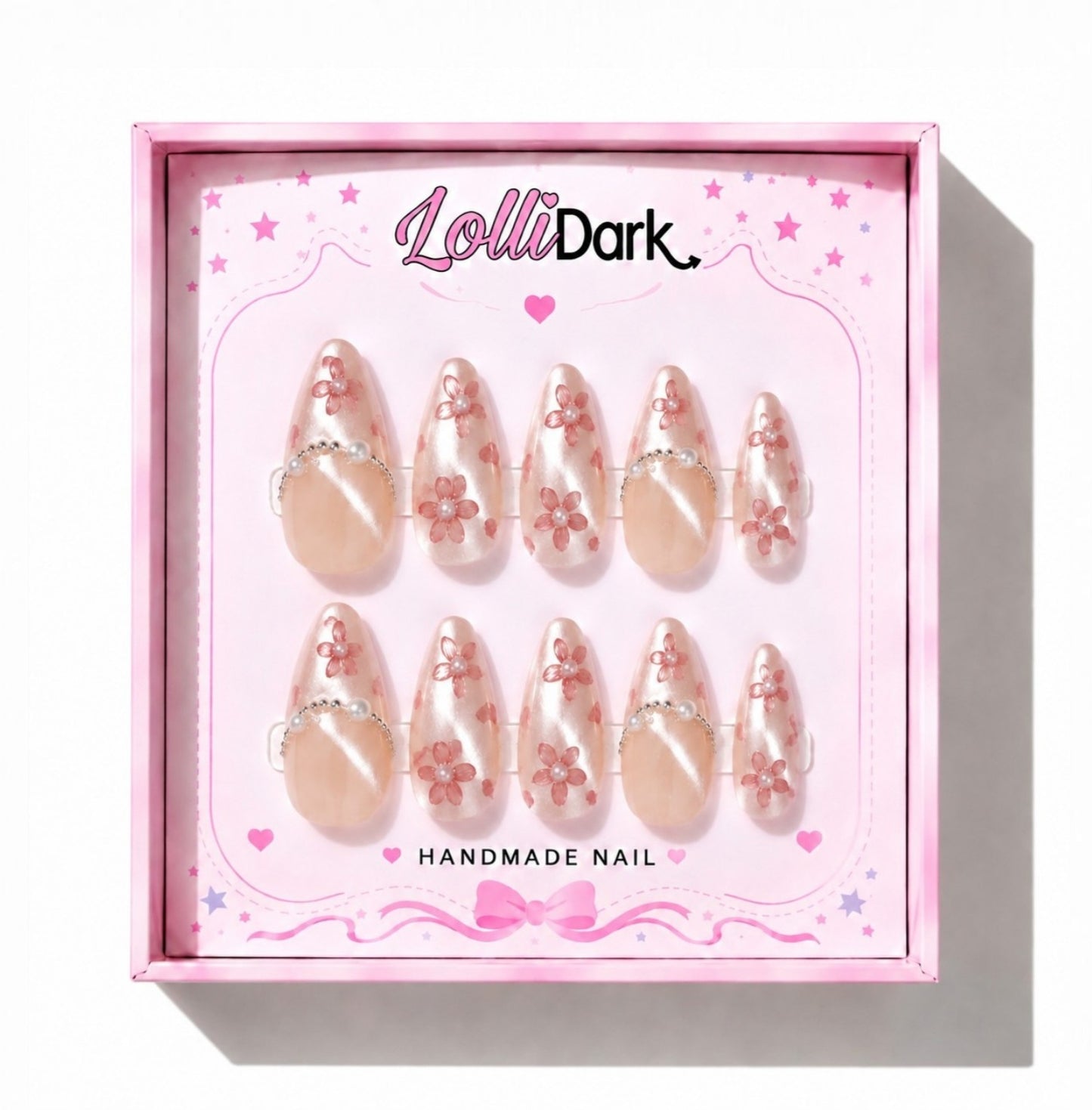 Uñas Press On "Sakura Pearl" Flores 3D Ojo de Gato