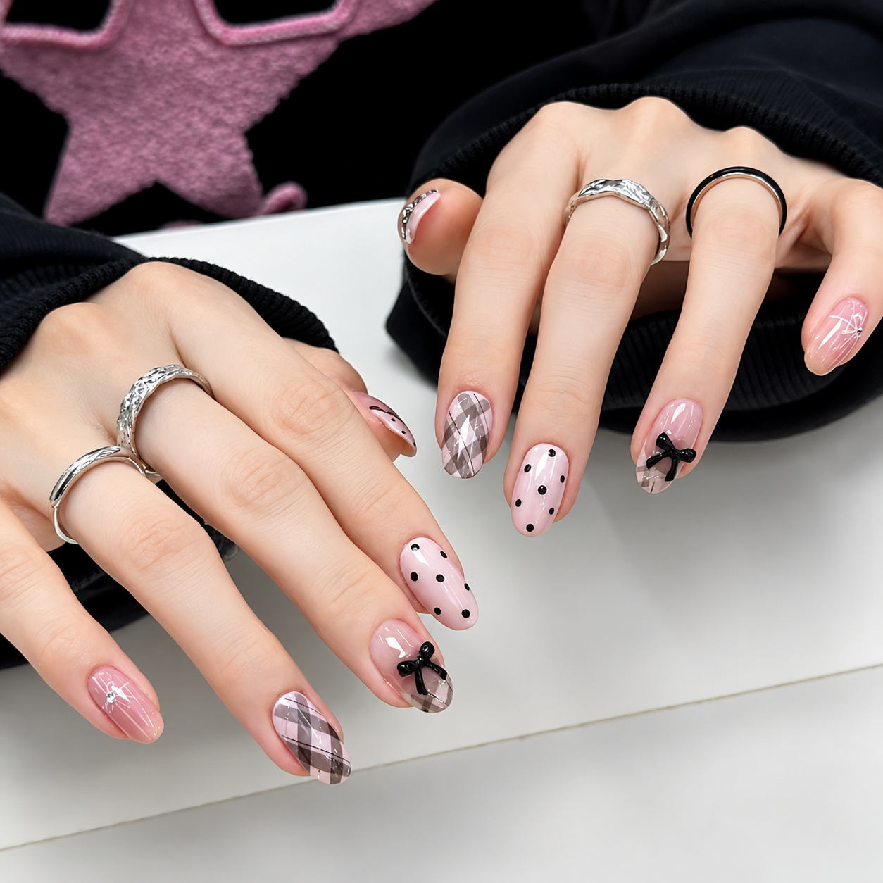 Uñas Press On "Pink Coquette Plaid" Rosa Pastel 3D