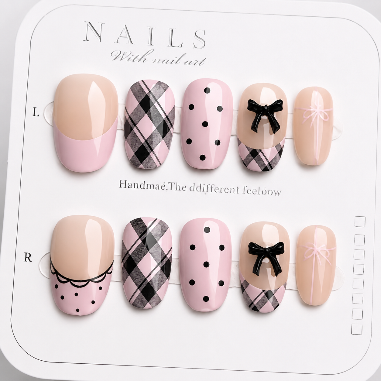 Uñas Press On "Pink Coquette Plaid" Rosa Pastel 3D