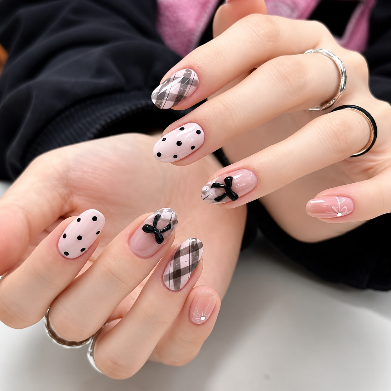Uñas Press On "Pink Coquette Plaid" Rosa Pastel 3D