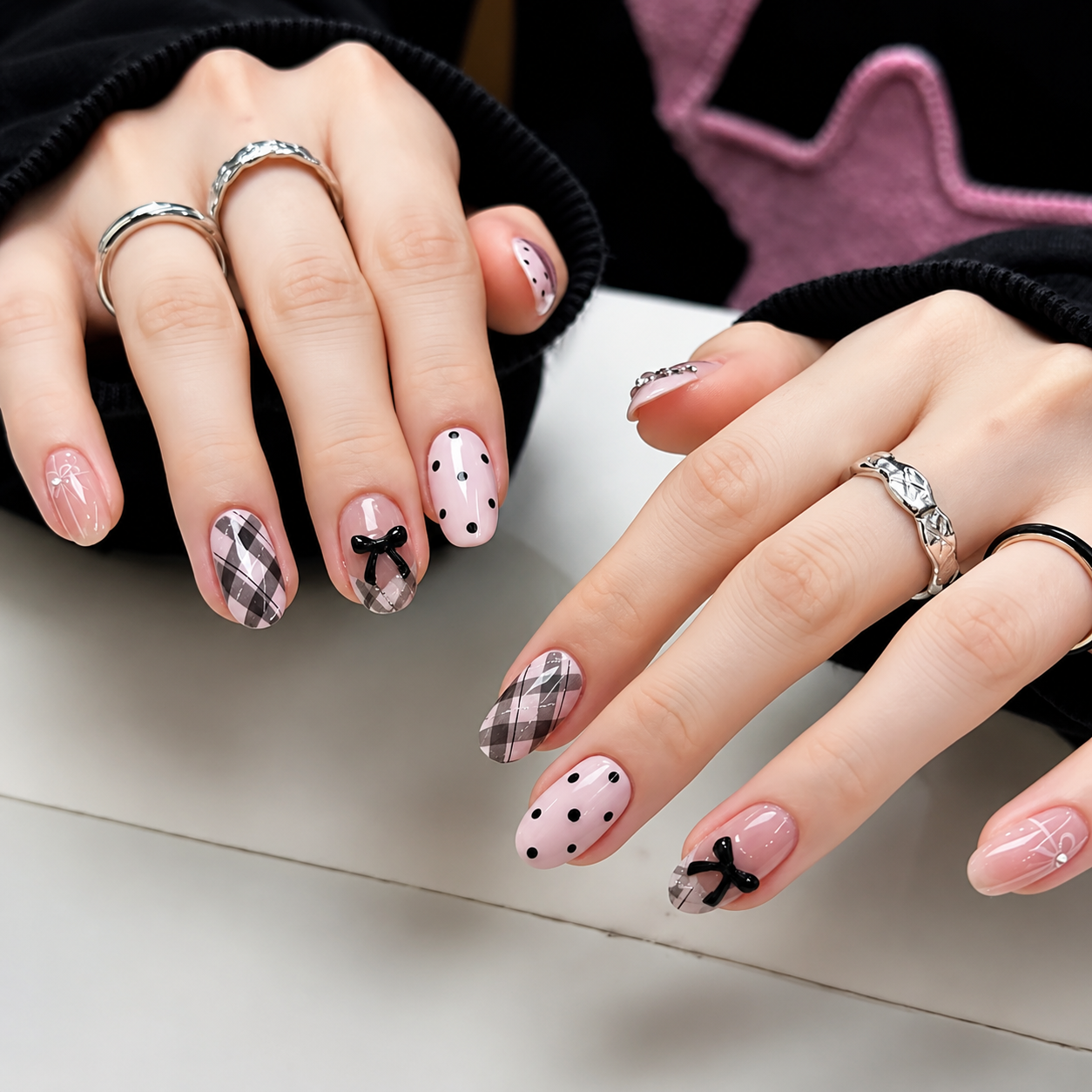 Uñas Press On "Pink Coquette Plaid" Rosa Pastel 3D