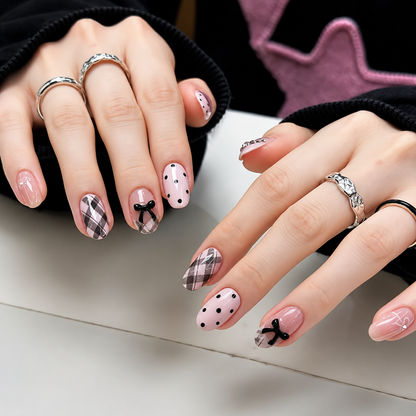 Uñas Press On "Pink Coquette Plaid" Rosa Pastel 3D