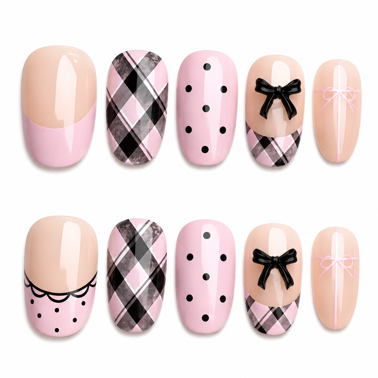 Uñas Press On "Pink Coquette Plaid" Rosa Pastel 3D