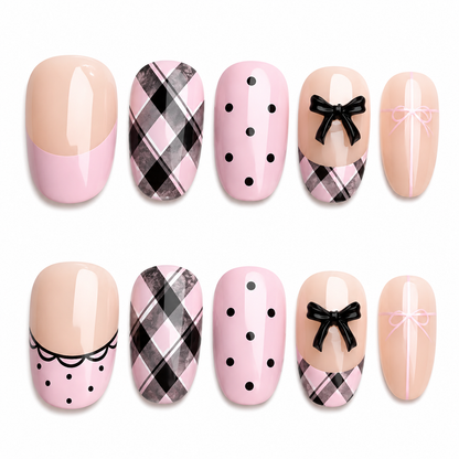 Uñas Press On "Pink Coquette Plaid" Rosa Pastel 3D