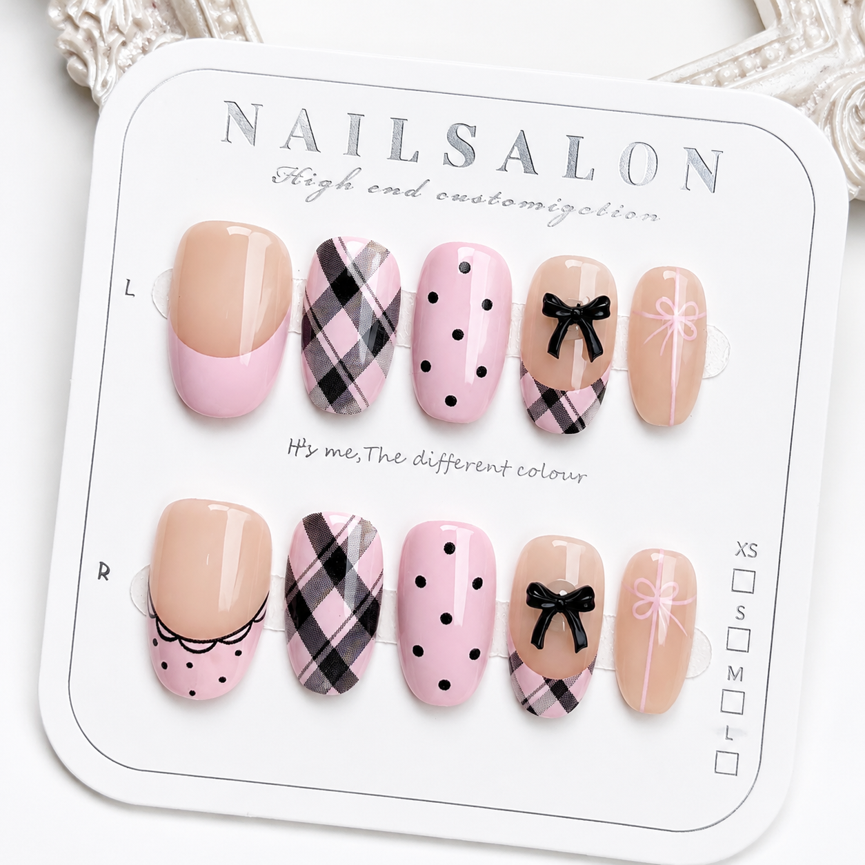 Uñas Press On "Pink Coquette Plaid" Rosa Pastel 3D