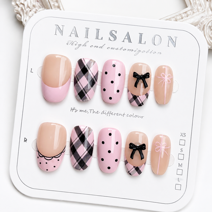 Uñas Press On "Pink Coquette Plaid" Rosa Pastel 3D