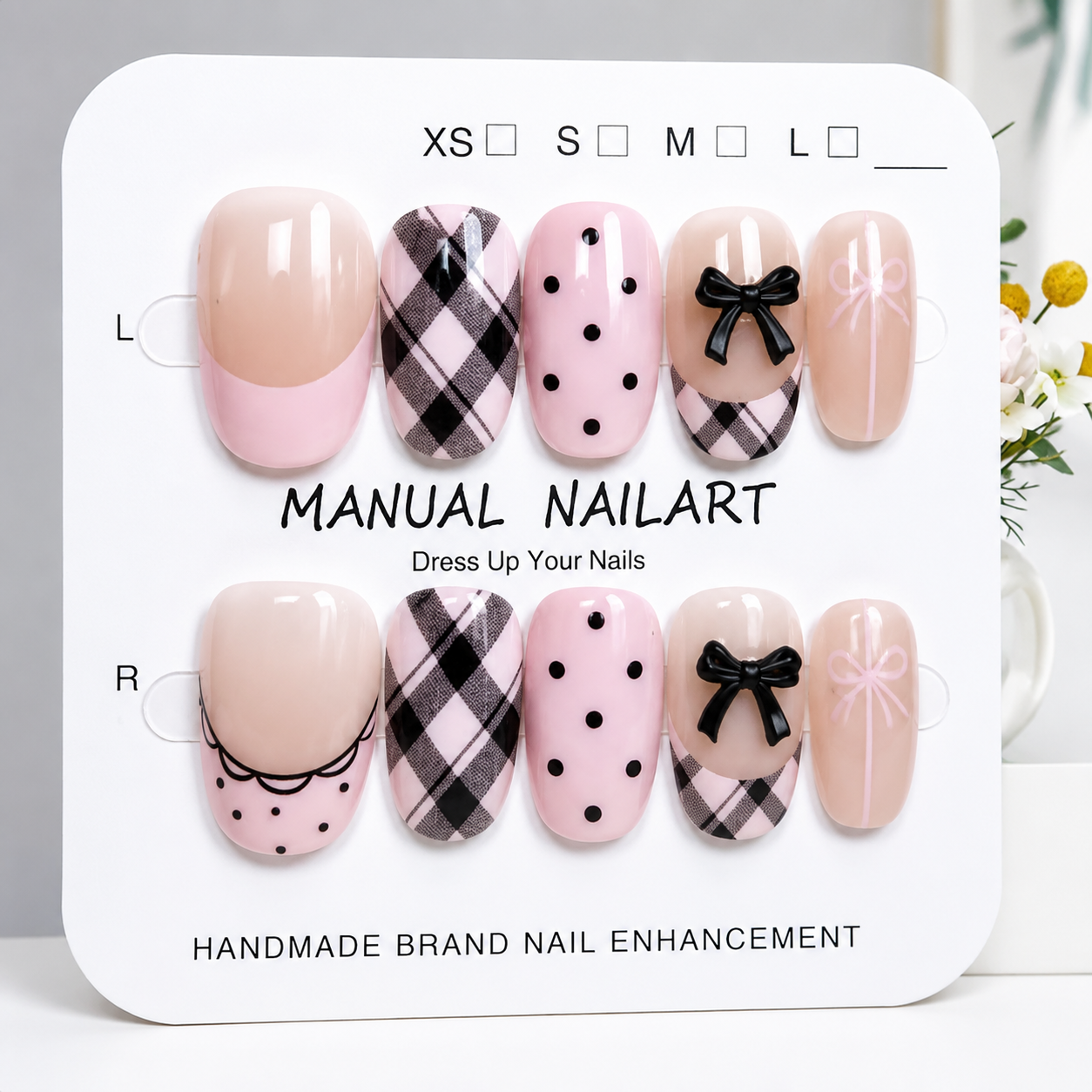 Uñas Press On "Pink Coquette Plaid" Rosa Pastel 3D