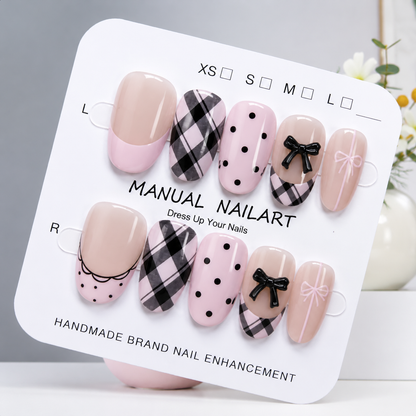 Uñas Press On "Pink Coquette Plaid" Rosa Pastel 3D