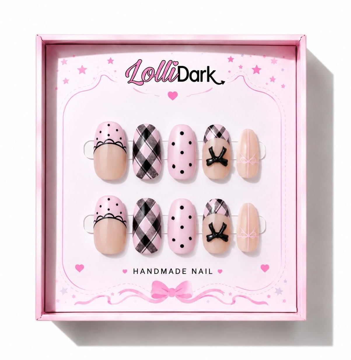 Uñas Press On "Pink Coquette Plaid" Rosa Pastel 3D