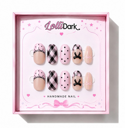 Uñas Press On "Pink Coquette Plaid" Rosa Pastel 3D