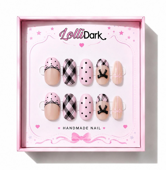 Uñas Press On "Pink Coquette Plaid" Rosa Pastel 3D
