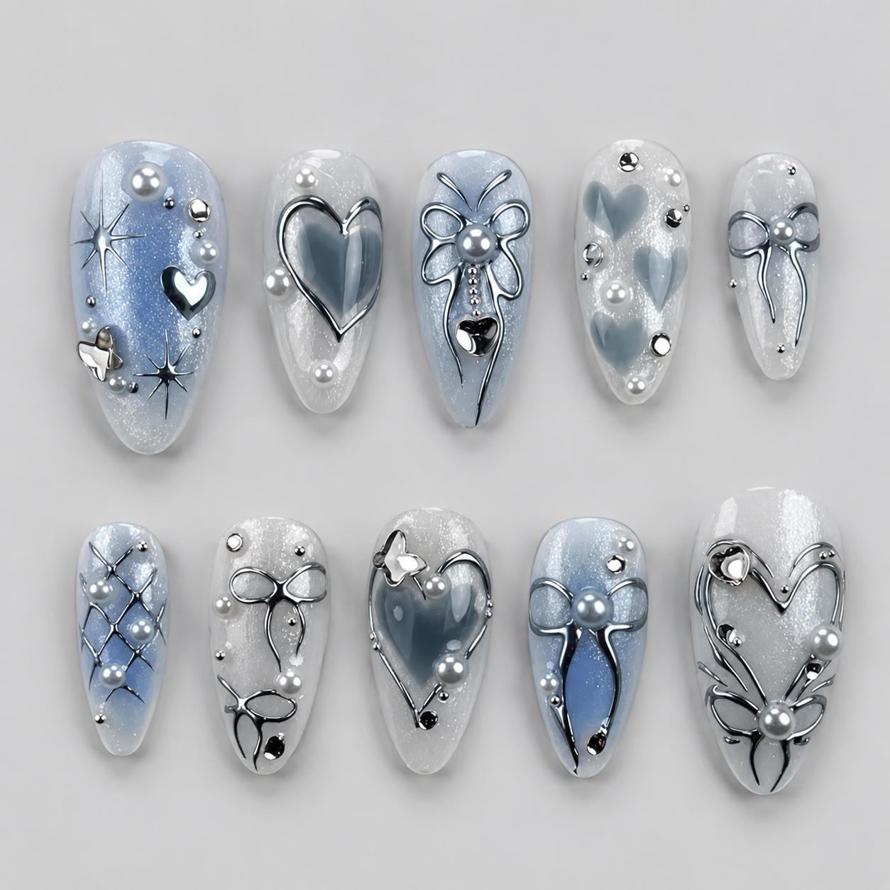 Uñas Press On "Blue Pearl" Ribbon Azul Pastel 3D
