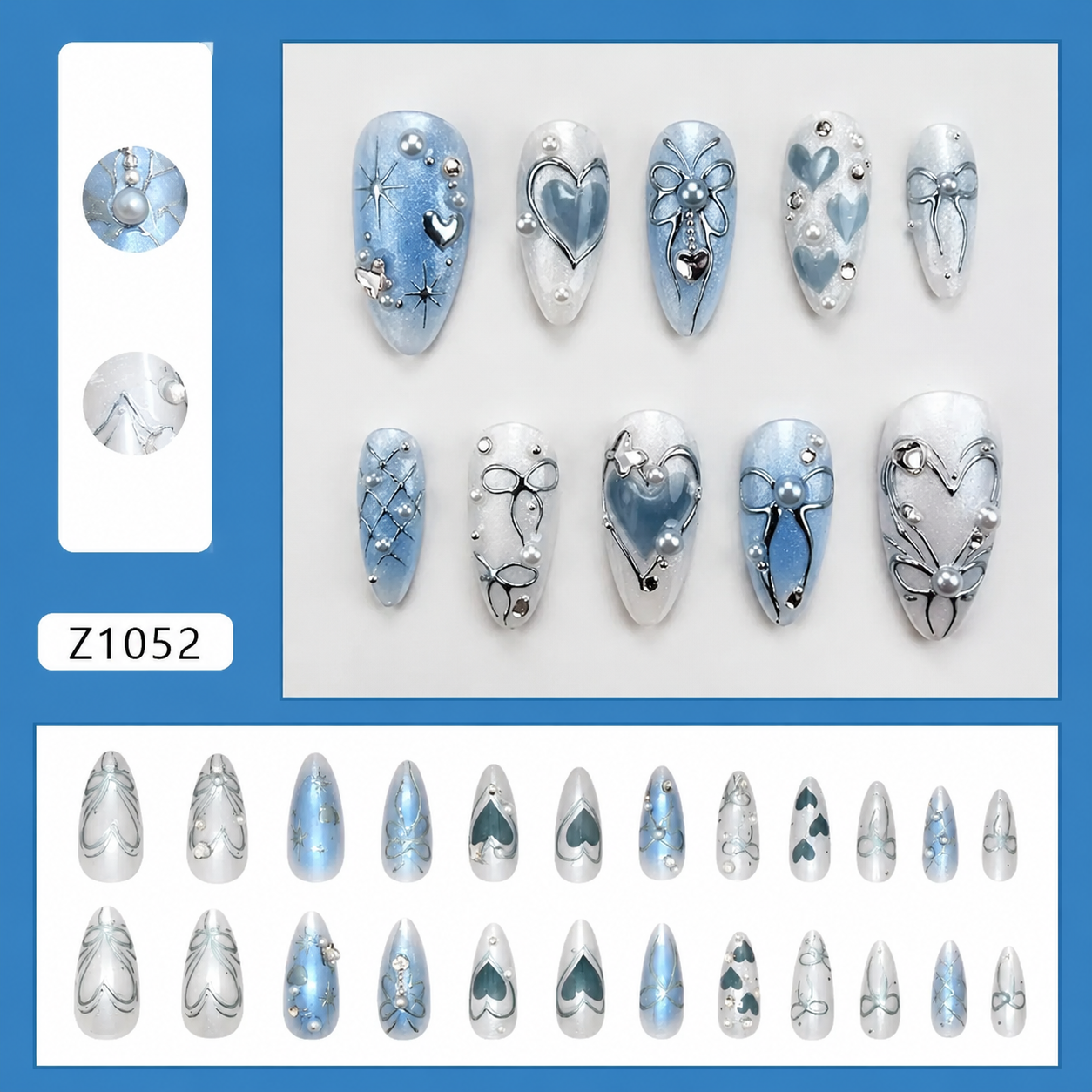 Uñas Press On "Blue Pearl" Ribbon Azul Pastel 3D