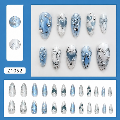 Uñas Press On "Blue Pearl" Ribbon Azul Pastel 3D
