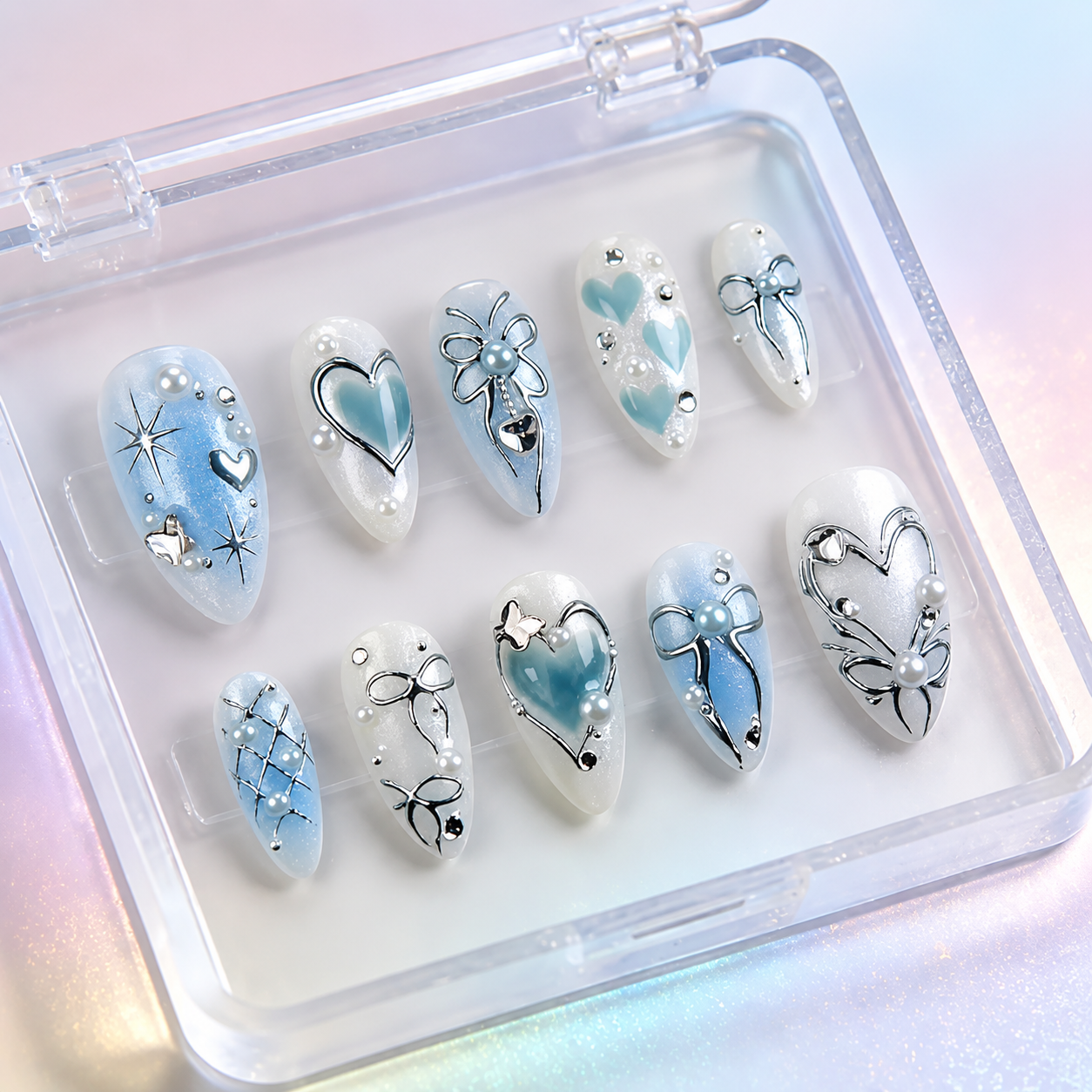 Uñas Press On "Blue Pearl" Ribbon Azul Pastel 3D