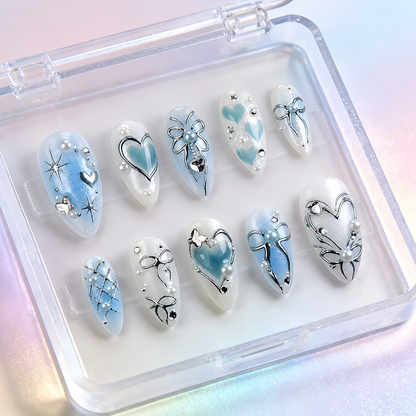 Uñas Press On "Blue Pearl" Ribbon Azul Pastel 3D