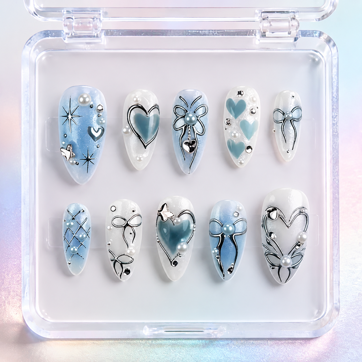Uñas Press On "Blue Pearl" Ribbon Azul Pastel 3D