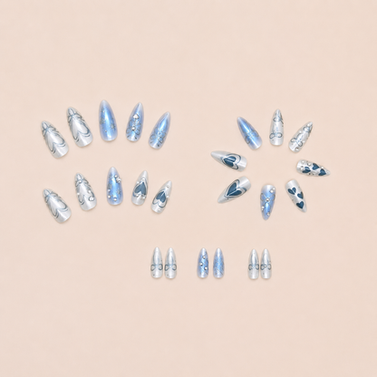 Uñas Press On "Blue Pearl" Ribbon Azul Pastel 3D