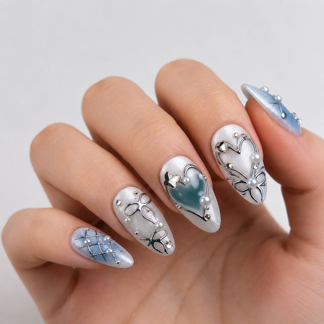 Uñas Press On "Blue Pearl" Ribbon Azul Pastel 3D