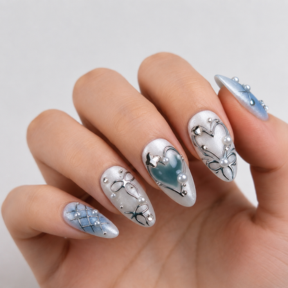 Uñas Press On "Blue Pearl" Ribbon Azul Pastel 3D