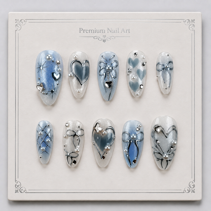 Uñas Press On "Blue Pearl" Ribbon Azul Pastel 3D