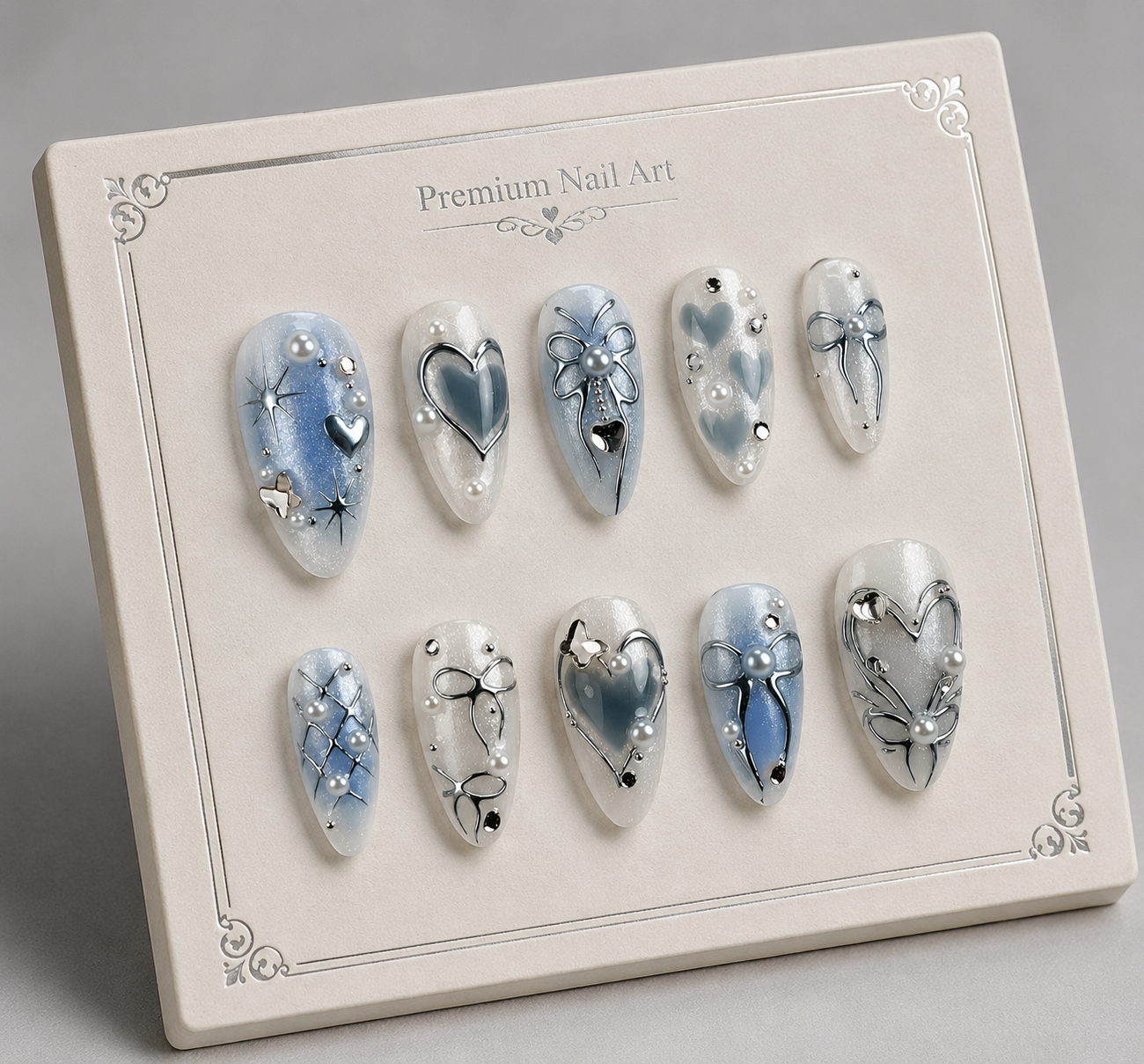 Uñas Press On "Blue Pearl" Ribbon Azul Pastel 3D
