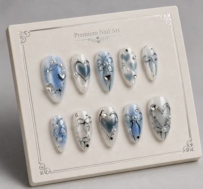 Uñas Press On "Blue Pearl" Ribbon Azul Pastel 3D