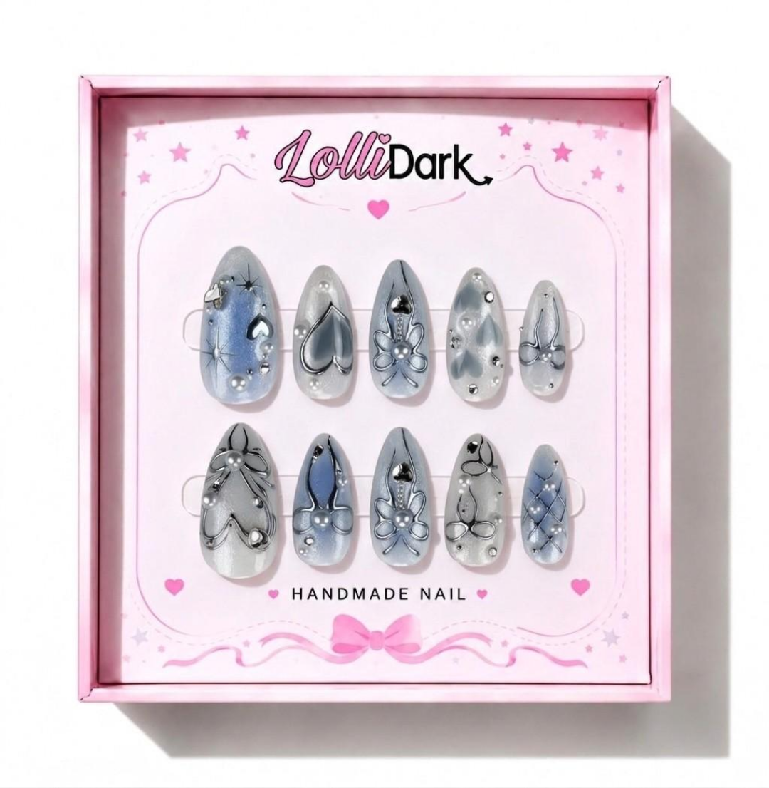 Uñas Press On "Blue Pearl" Ribbon Azul Pastel 3D