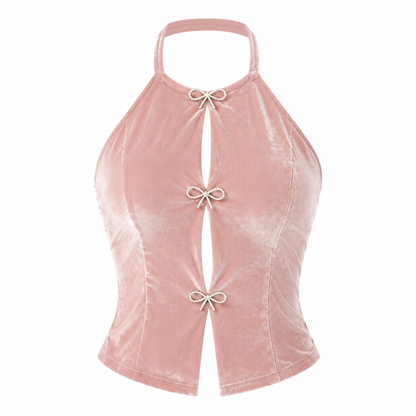 Top Halter Terciopelo Rosado con Lazos - Coquette